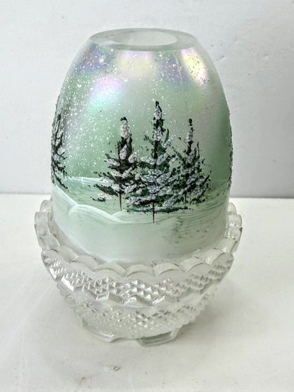 Fenton Iridescent Fairy Lamp Hand Painted Winter Snow Scene Signed Henning A1331
