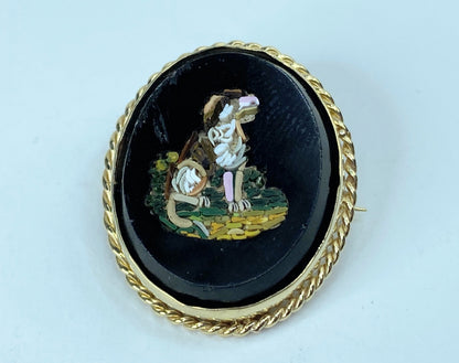 Antique Micro-mosaic 14k yellow gold rope bezel Dog Brooch 8g 30mm JR959