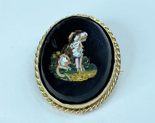 Antique Micro-mosaic 14k yellow gold rope bezel Dog Brooch 8g 30mm JR959