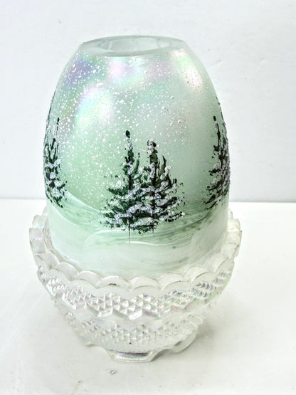 Fenton Iridescent Fairy Lamp Hand Painted Winter Snow Scene Signed Henning A1331
