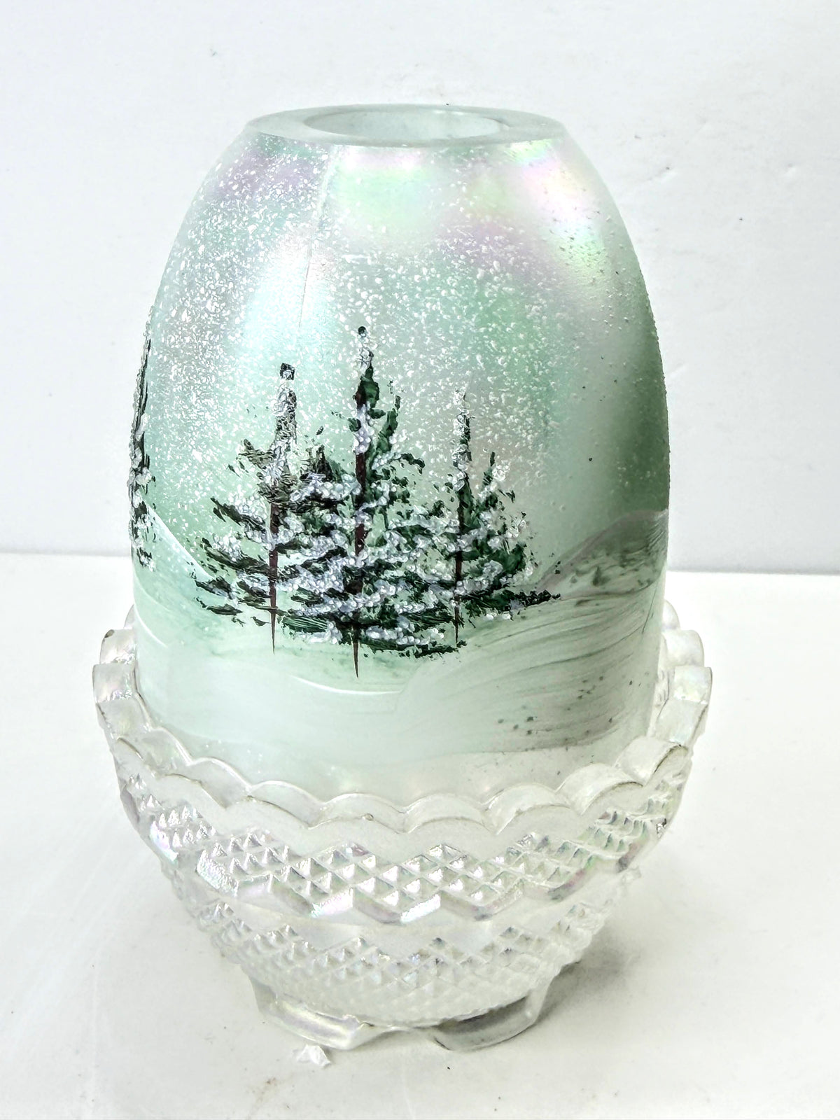 Fenton Iridescent Fairy Lamp Hand Painted Winter Snow Scene Signed Henning A1331
