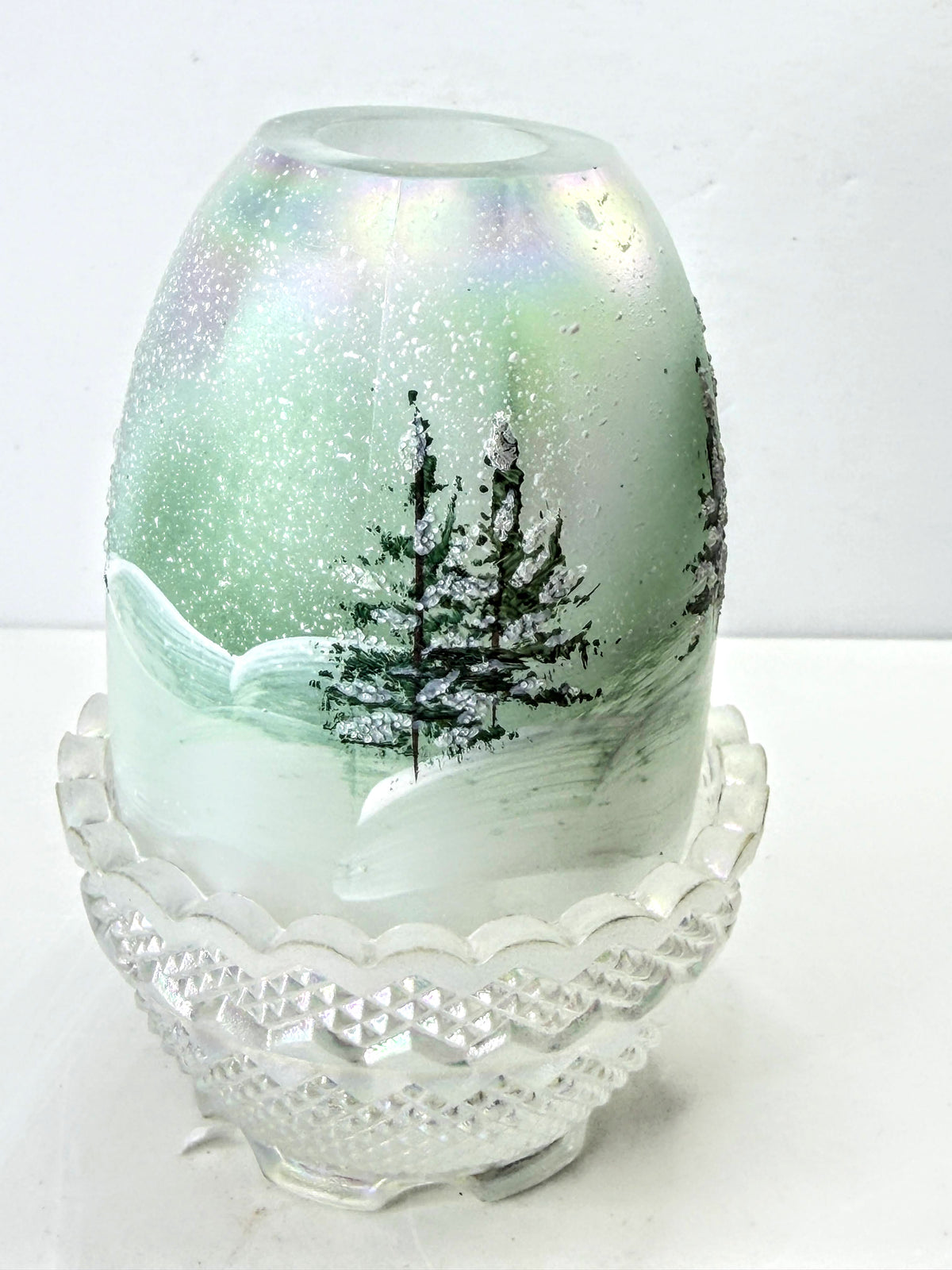 Fenton Iridescent Fairy Lamp Hand Painted Winter Snow Scene Signed Henning A1331