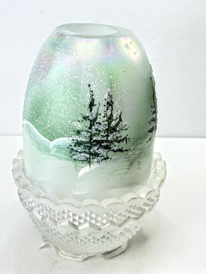 Fenton Iridescent Fairy Lamp Hand Painted Winter Snow Scene Signed Henning A1331