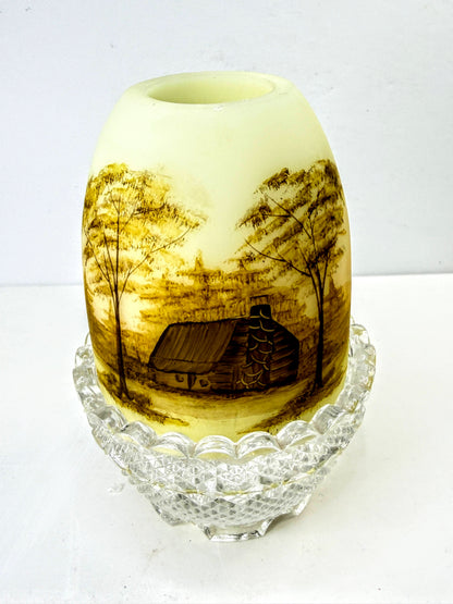 Fenton Vintage Log Cabin Custard Uranium Glass Fairy Lamp Signed P Burnett.A1333