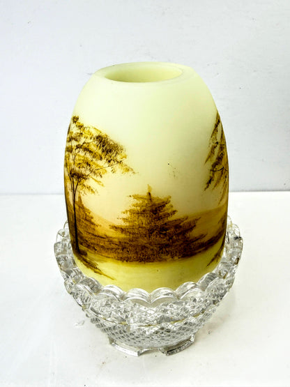Fenton Vintage Log Cabin Custard Uranium Glass Fairy Lamp Signed P Burnett.A1333