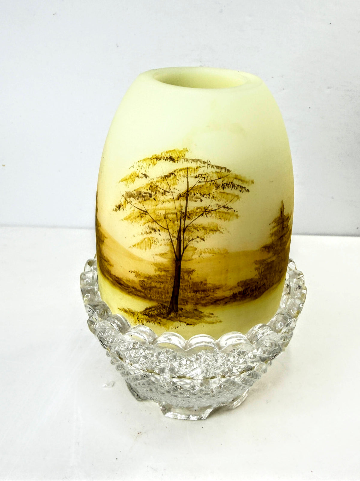 Fenton Vintage Log Cabin Custard Uranium Glass Fairy Lamp Signed P Burnett.A1333