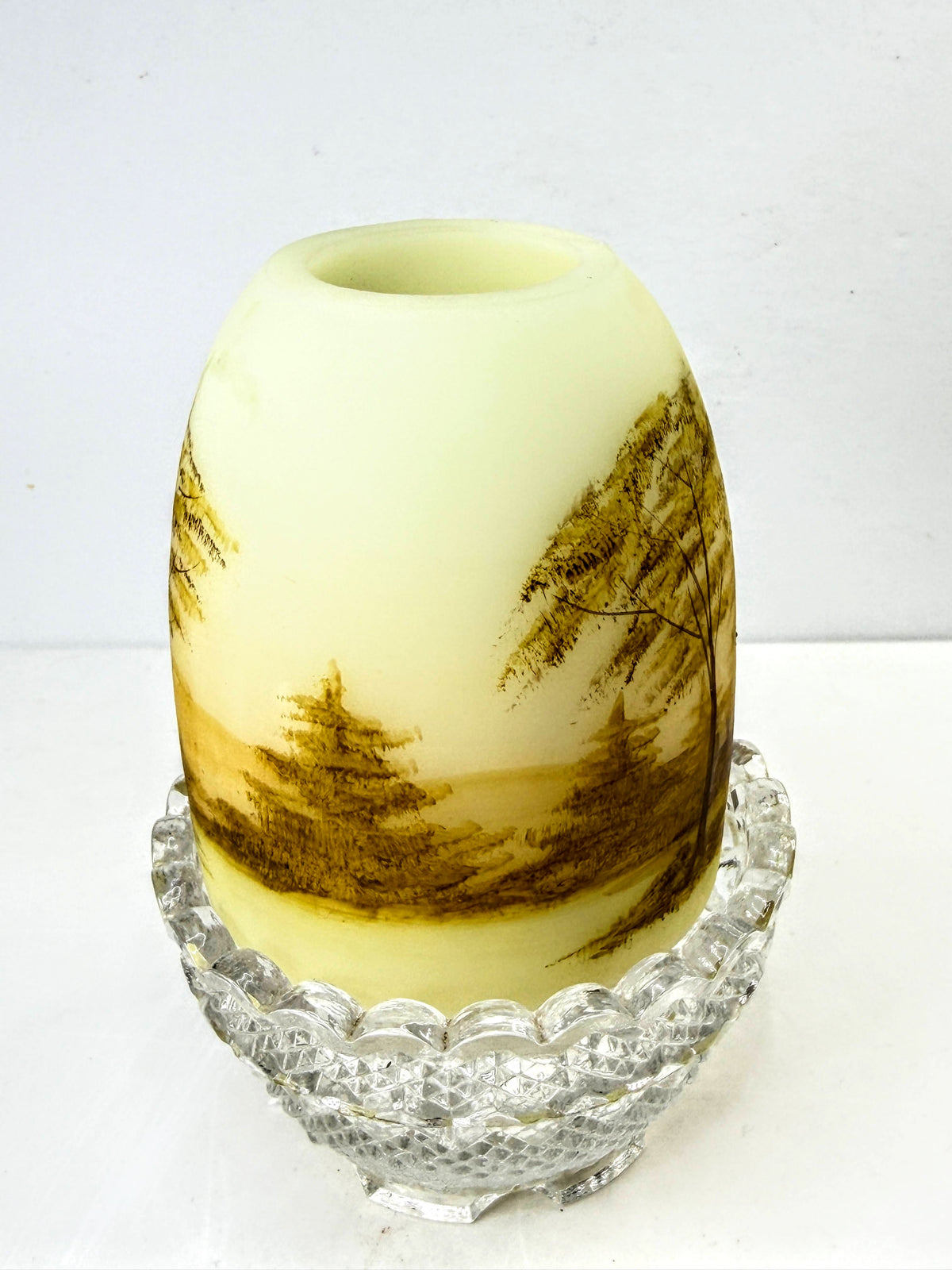 Fenton Vintage Log Cabin Custard Uranium Glass Fairy Lamp Signed P Burnett.A1333