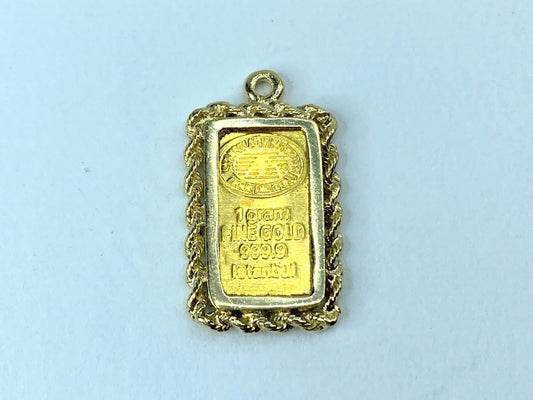 1.00gram Fine Gold Bar in 14K Gold Frame Vintage Charm/Pendant 2.4gm JR960