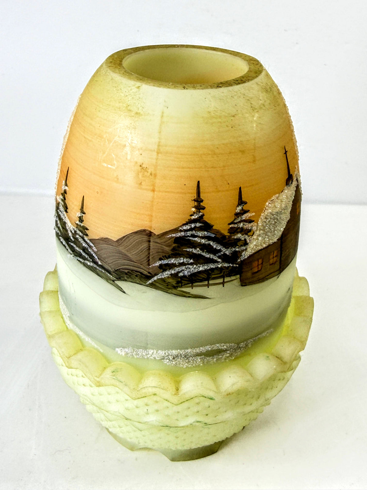Fenton Vintage Burmese Uranium Glass Snow Scene Fairy Lamp Jim Andrick A1336