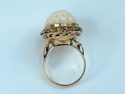 Victorian 14K Gold British Angel Skin Coral Carved Peony Flower Ring 8.4g JR963