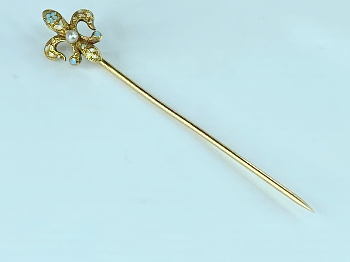 Antique 14K Fleur De Lis Seed Pearl Sky blue Enamel stick pin 1.3g 55mm JR412