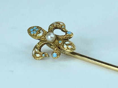 Antique 14K Fleur De Lis Seed Pearl Sky blue Enamel stick pin 1.3g 55mm JR412