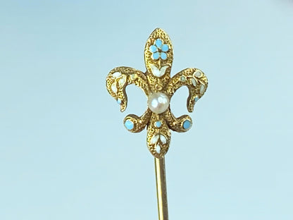 Antique 14K Fleur De Lis Seed Pearl Sky blue Enamel stick pin 1.3g 55mm JR412