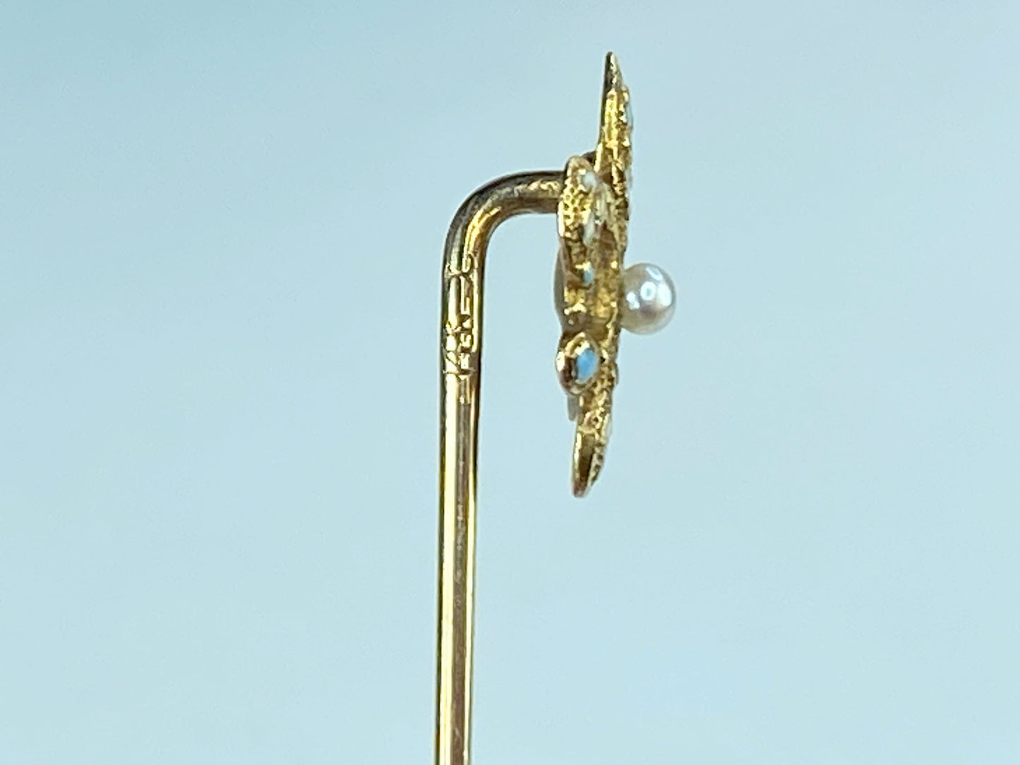 Antique 14K Fleur De Lis Seed Pearl Sky blue Enamel stick pin 1.3g 55mm JR412