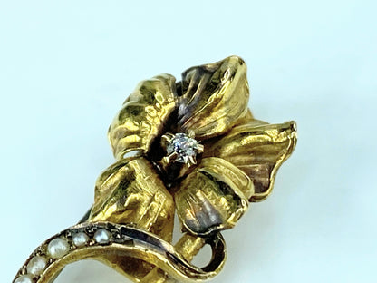 Antique 18k Old Euro Cut diamond seed pearls Floral brooch 32x13mm 2.6g JR413
