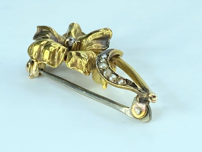 Antique 18k Old Euro Cut diamond seed pearls Floral brooch 32x13mm 2.6g JR413