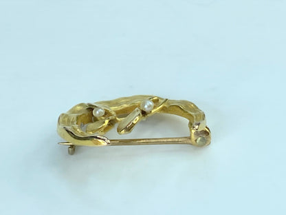 Art Deco 14K yellow gold hand hammered Half Moon Seed pearl flower pin JR415