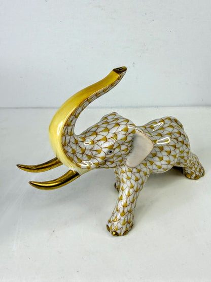 Herend Elephant 5266 Yellow Gold Fishnet Porcelain Tusks Mint XN166