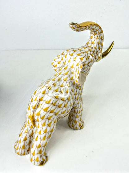Herend Elephant 5266 Yellow Gold Fishnet Porcelain Tusks Mint XN166