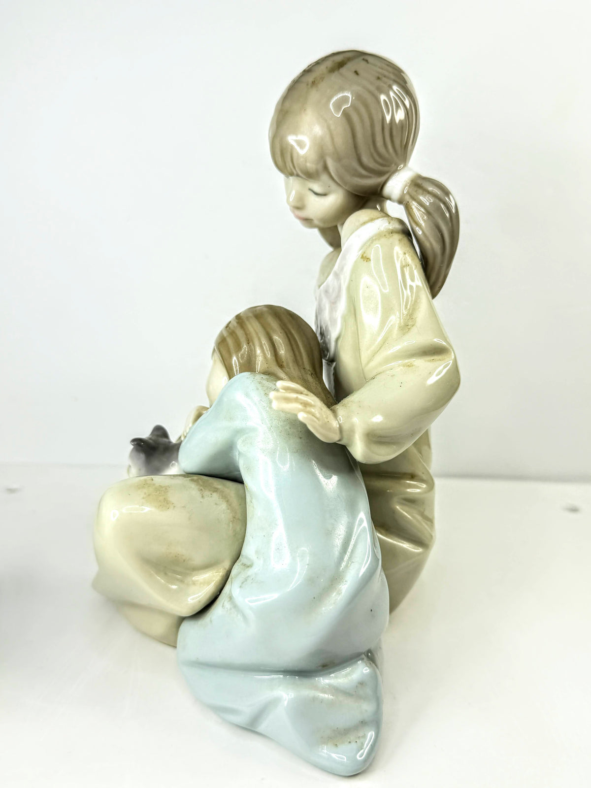 Retired Lladro Little Sister 1534 Girls with Cat Mint Porcelain Spain XN177