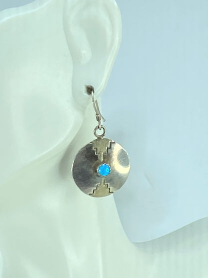 Signed H.T Southwestern Sterling Silver "Turquoise" Disc dangling earrings JR419