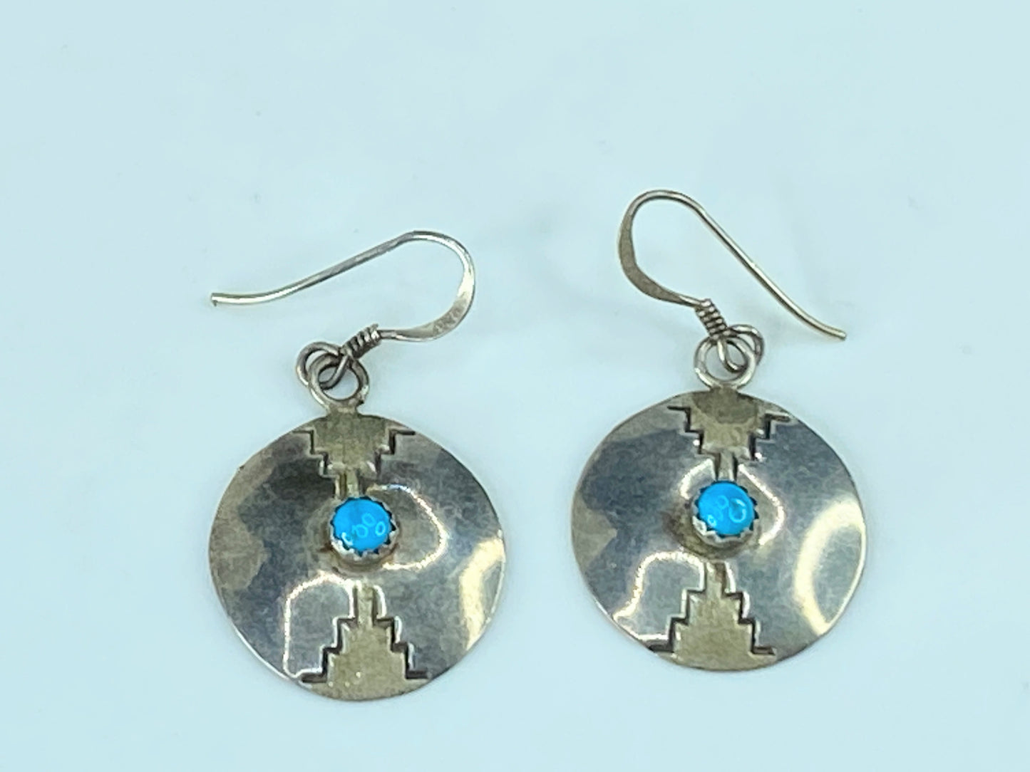 Signed H.T Southwestern Sterling Silver "Turquoise" Disc dangling earrings JR419