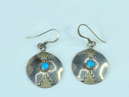 Signed H.T Southwestern Sterling Silver "Turquoise" Disc dangling earrings JR419