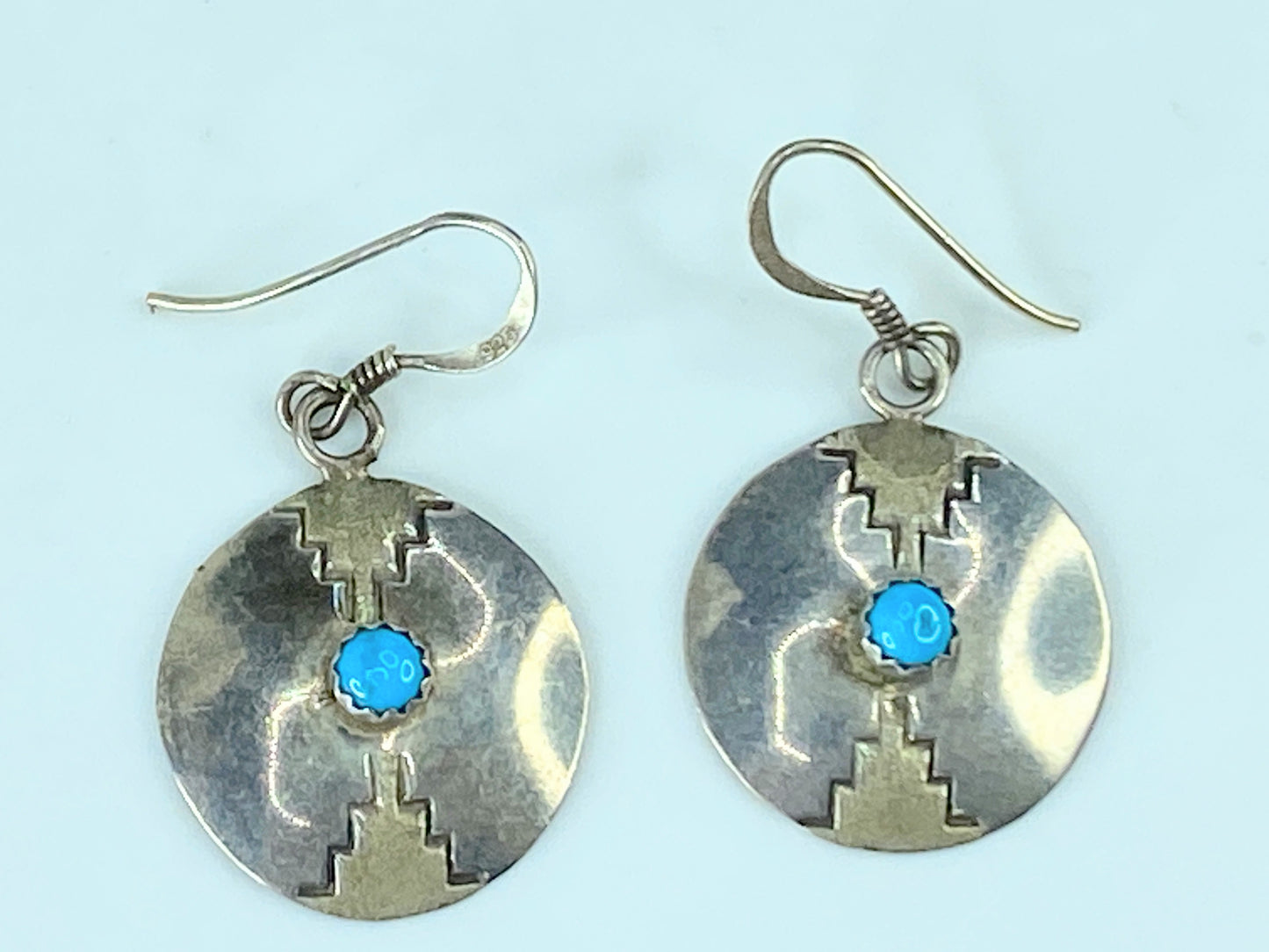 Signed H.T Southwestern Sterling Silver "Turquoise" Disc dangling earrings JR419