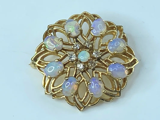 Open Filigree Pin 2.5ct Opal 0.36ct Diamond in 14k Yellow Gold