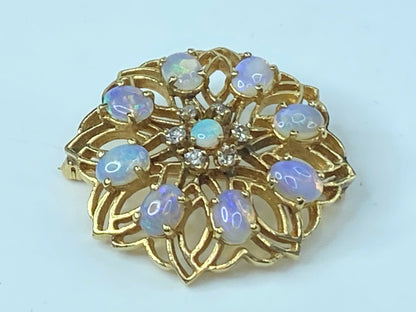 Open Filigree Pin 2.5ct Opal 0.36ct Diamond in 14k Yellow Gold