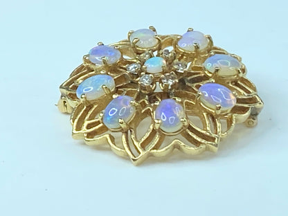 Open Filigree Pin 2.5ct Opal 0.36ct Diamond in 14k Yellow Gold