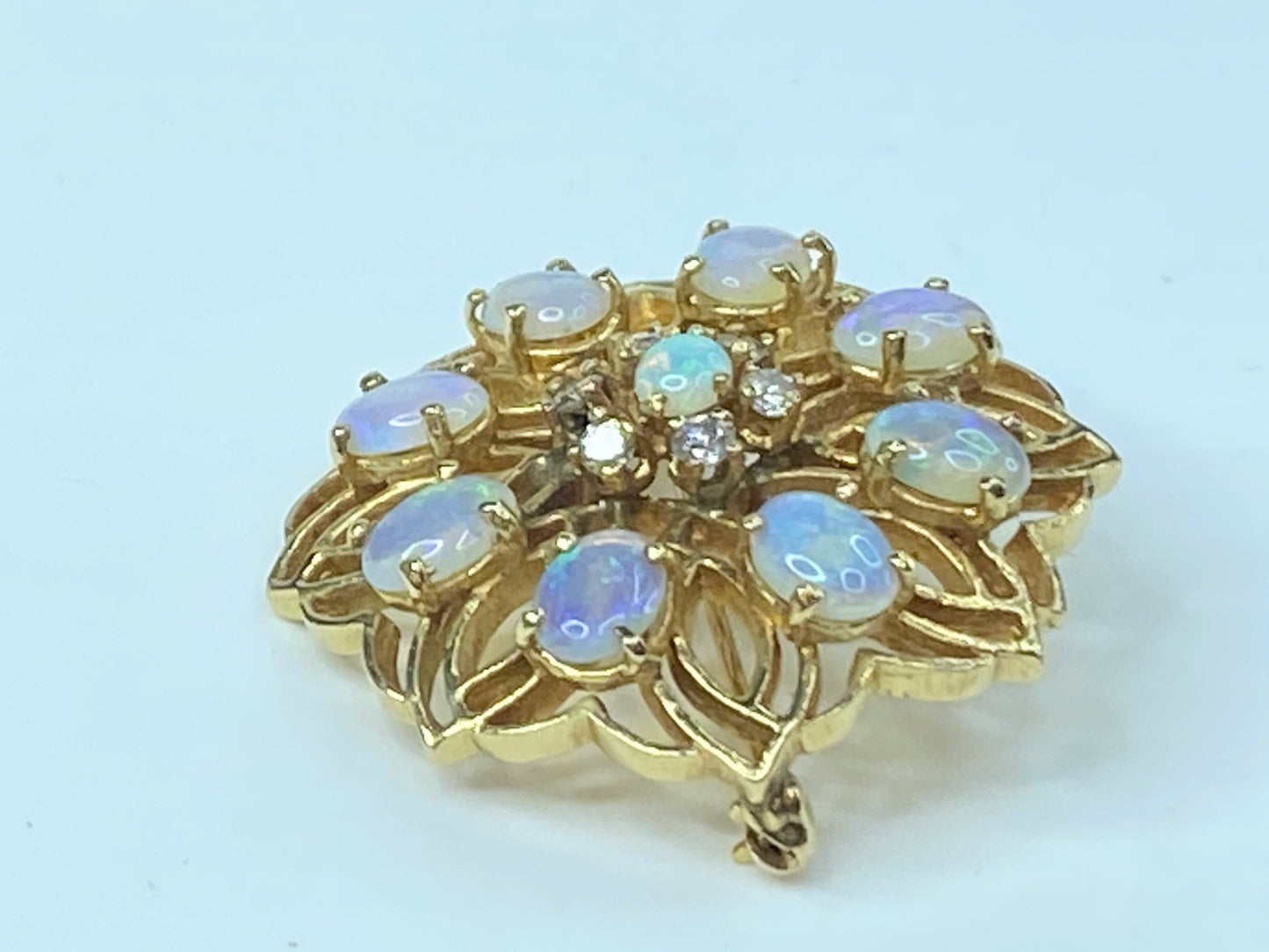 Open Filigree Pin 2.5ct Opal 0.36ct Diamond in 14k Yellow Gold