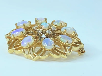 Open Filigree Pin 2.5ct Opal 0.36ct Diamond in 14k Yellow Gold