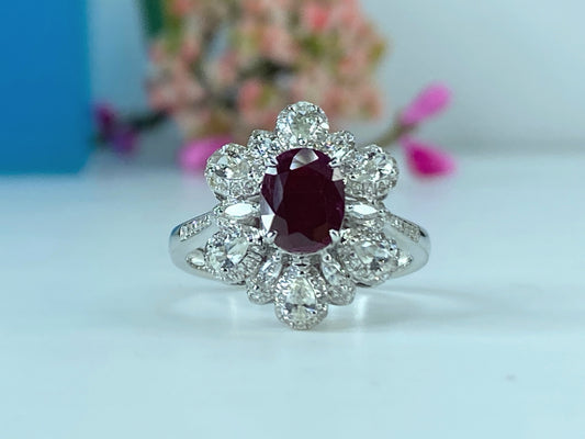 Certified 18K white gold 1.12ct Pigeon Blood Ruby 0.57ct Diamond ring s6.5 JR425