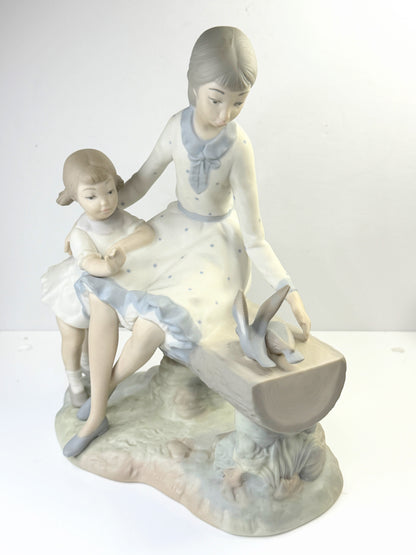 NAO by Lladro Two Girls Feeding Birds Figurine Bench Scene A877