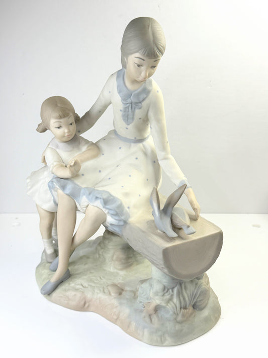 NAO by Lladro Two Girls Feeding Birds Figurine Bench Scene A877