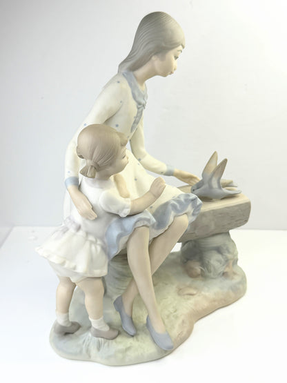NAO by Lladro Two Girls Feeding Birds Figurine Bench Scene A877