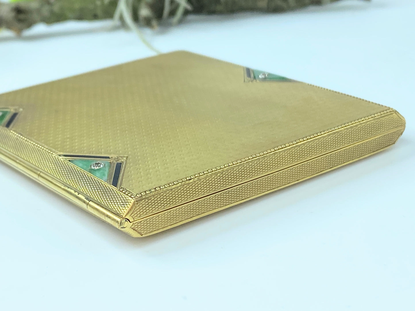 Art Deco 18K gold Enamel Jade Old Euro cut Diamond cigarette case