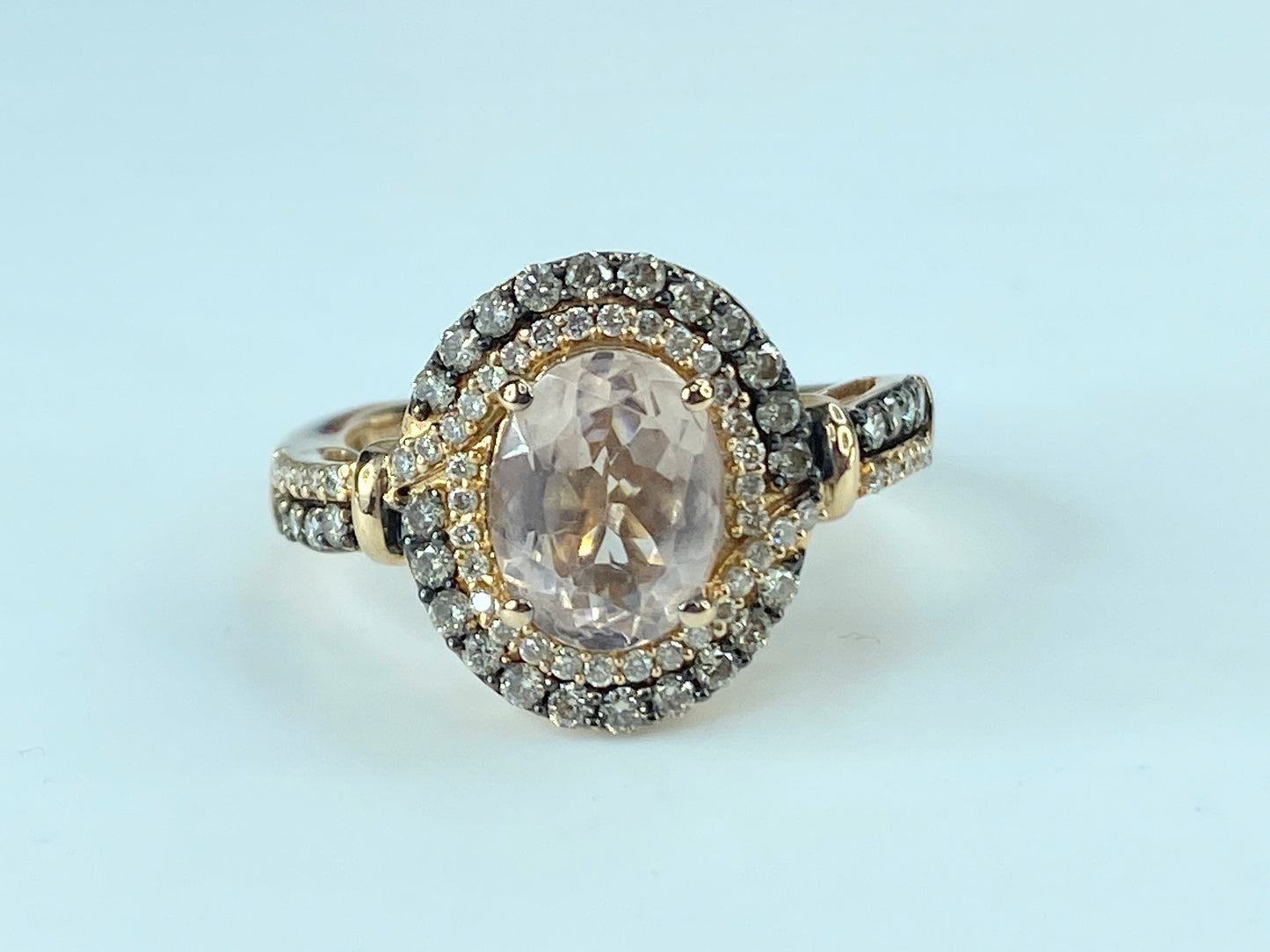 LeVian 14K Gold Morganite Chocolate Vanilla Diamond Double Halo Ring s6.5 JR469