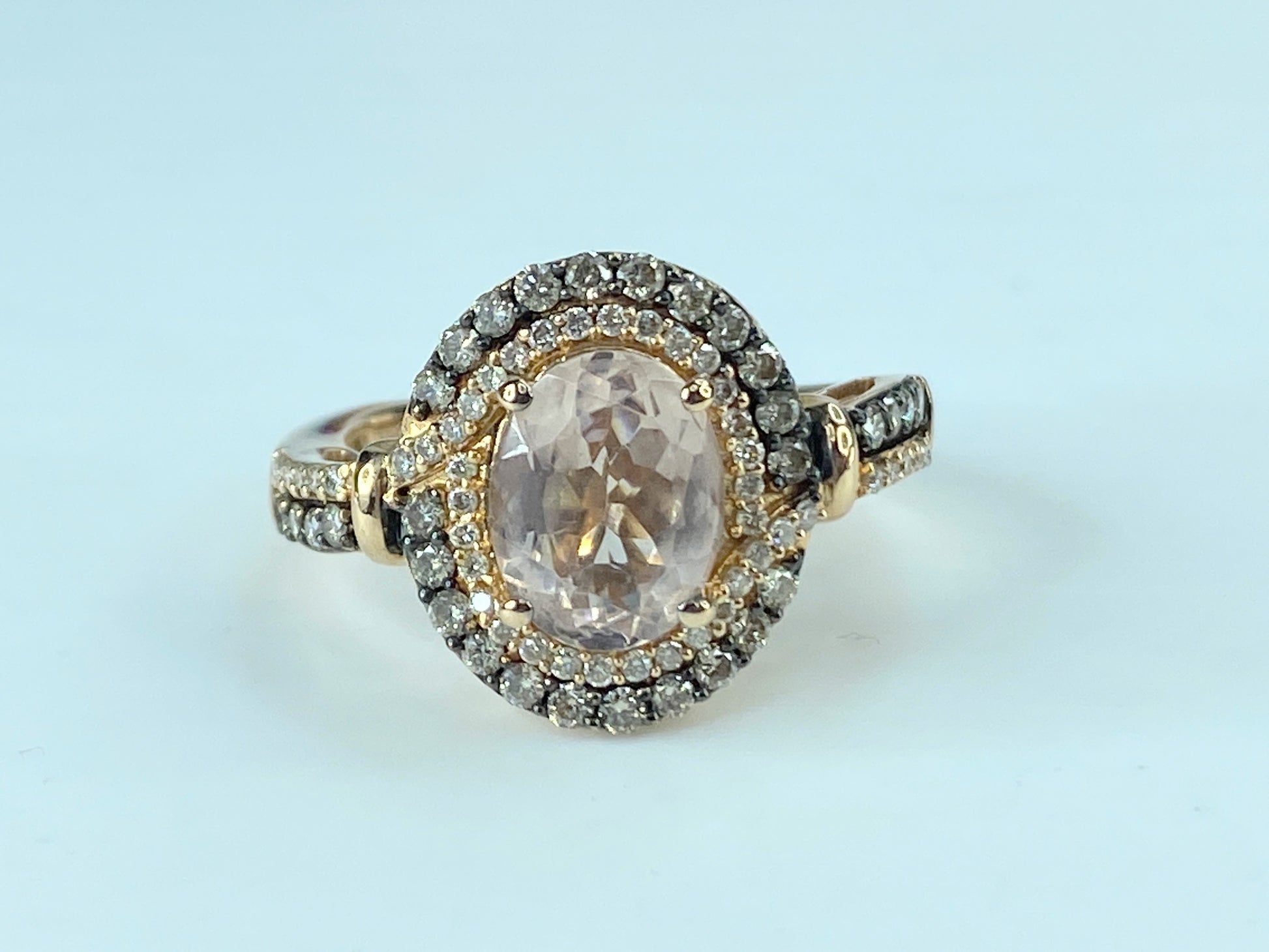 LeVian 14K Gold Morganite Chocolate Vanilla Diamond Double Halo Ring s6.5 JR469