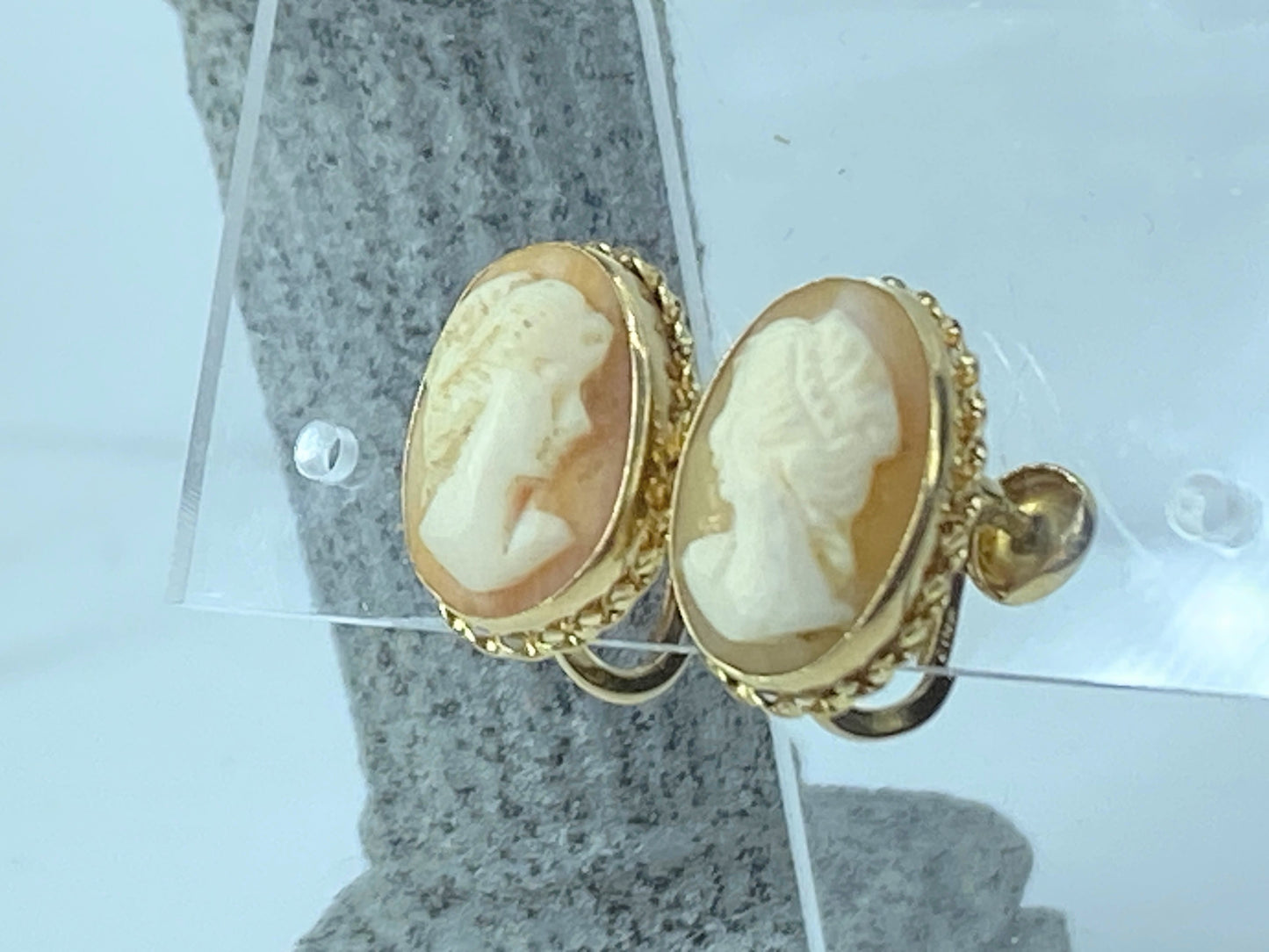 14K gold Large hand carved Shell Cameo screw on earrings