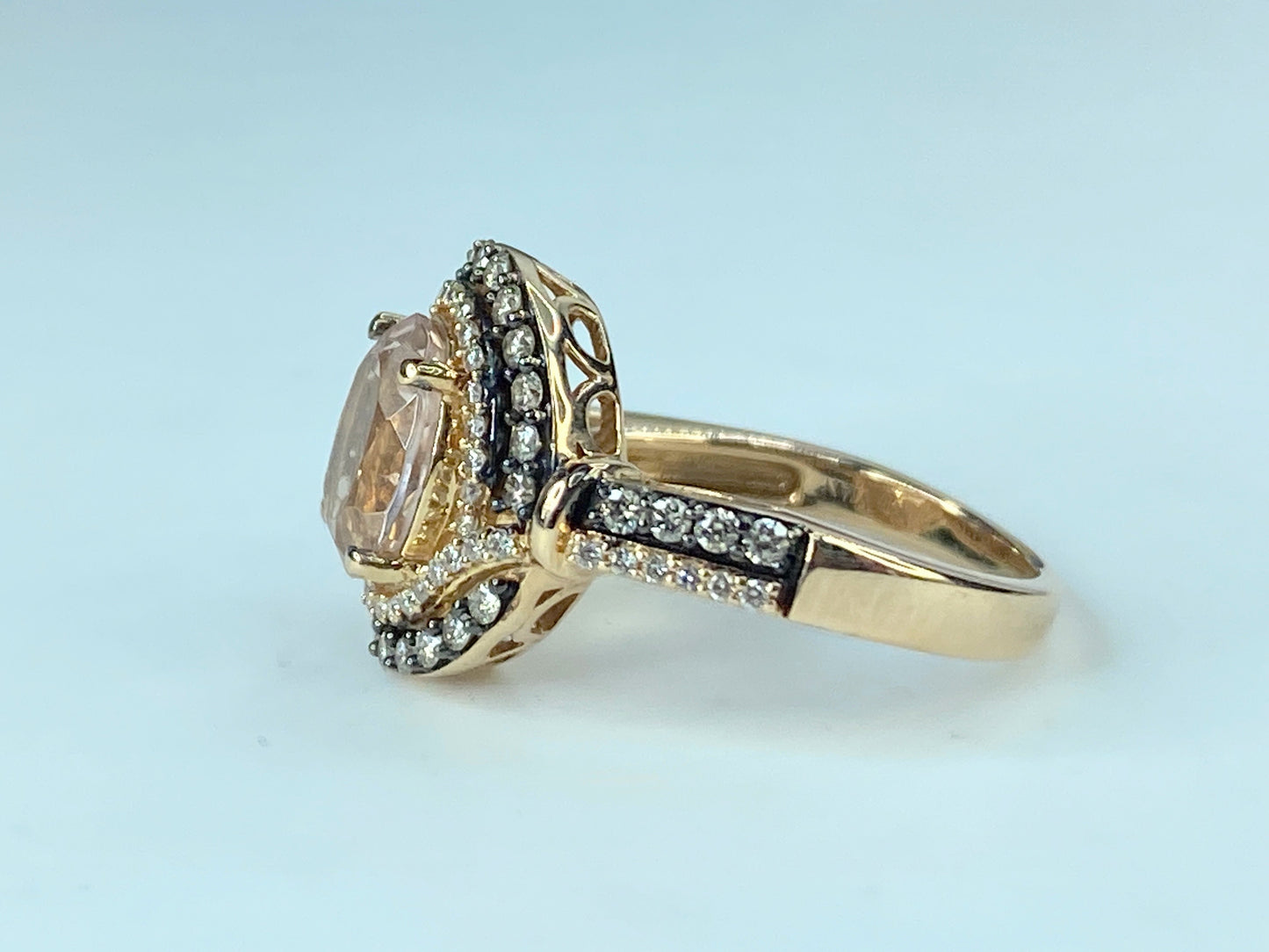LeVian 14K Gold Morganite Chocolate Vanilla Diamond Double Halo Ring s6.5 JR469