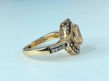 LeVian 14K Gold Morganite Chocolate Vanilla Diamond Double Halo Ring s6.5 JR469