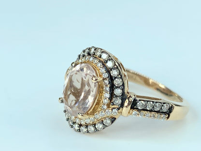 LeVian 14K Gold Morganite Chocolate Vanilla Diamond Double Halo Ring s6.5 JR469