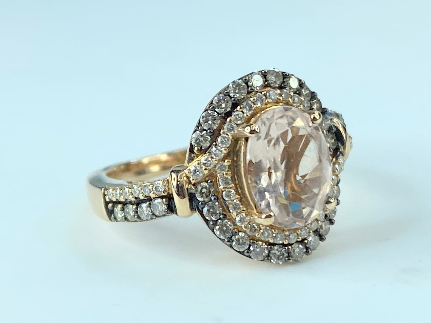 LeVian 14K Gold Morganite Chocolate Vanilla Diamond Double Halo Ring s6.5 JR469