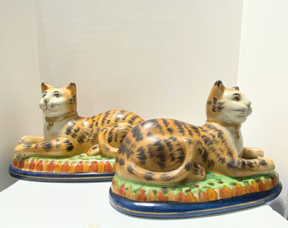 Staffordshire Leopard Cat Statue Pair