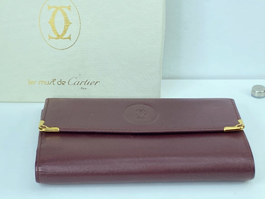 Cartier Must de Cartier Bordeaux/Leather Trifold Wallet W/Box GS367