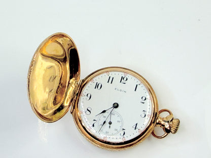 Antique Elgin 14K Gold 15 Jewel Fancy Hunter Case Pocket Watch Running SS267