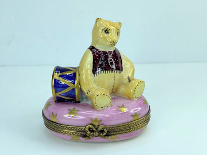 Limoges France Peint Main PV Teddy Bear with Drum Trinket Box 2.5" A471