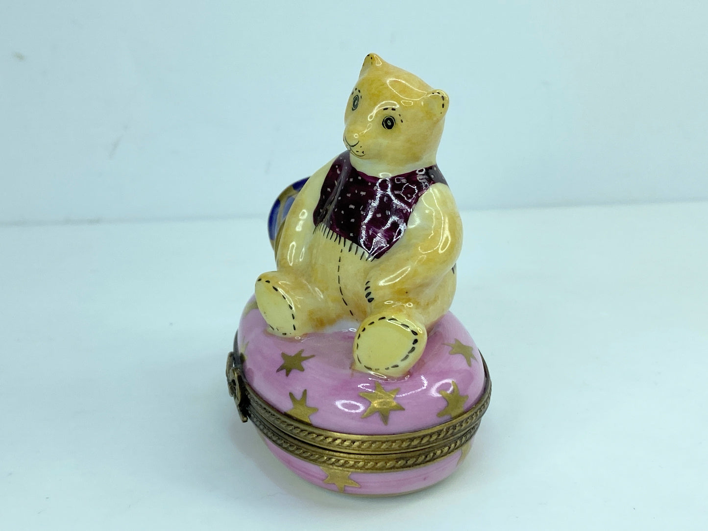 Limoges France Peint Main PV Teddy Bear with Drum Trinket Box 2.5" A471